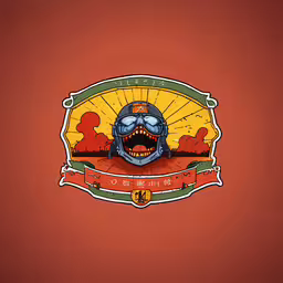 a cartoon character that is drawn in the style of a demon,an orange and red colored background with an illustrated image of a creature