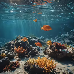 fish swims in an ocean bed on top of some rocks