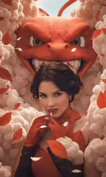 a woman standing next to a dragon that has her mouth open