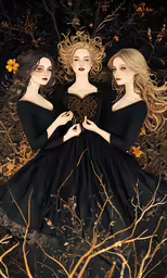 three women standing in front of a tree