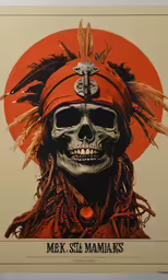 a large, colorful poster of a skeleton in an indian head dress