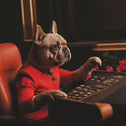 a small dog is sitting at a desk in front of a monitor
