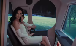 a woman in a white dress is sitting on the passenger seat