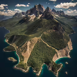 an aerial view of mountains, lakes and lakes