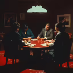 a man in a suit sits at a table while others look on