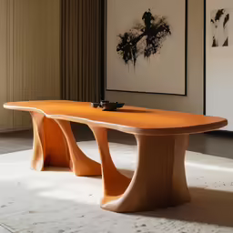 a desk sits in front of an art piece