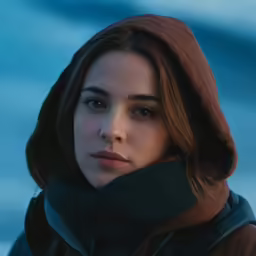 the young lady in the hood looks straight ahead
