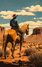 the man is riding a horse in the desert
