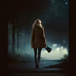 the woman is walking through the park at night
