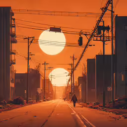 the sun is rising over a street with many wires,the setting sun in this image shows many power lines, and wires as an orange - tinted sky
