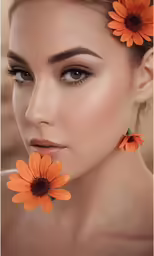 a woman with an orange flower in her hair