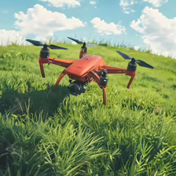 a small flying red object over grassy field