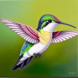 this is an image of a hummingbird painted,a hummingbird flying across a green field,a painting of a colorful bird on a green background,a painting of a bird with wings outstretched,an oil painting of a hummingbird flying over the green field