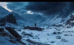 a lone man standing in front of snowy mountains