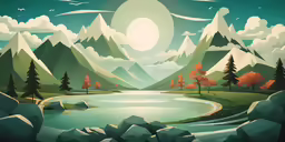 a painting of mountains and trees by the river