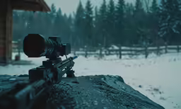 an automatic rifle sitting on top of a rock