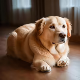 a large brown dog laying on top of a wooden floor