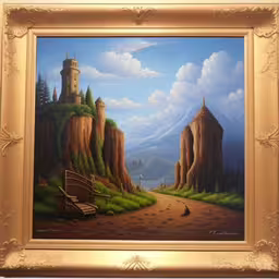 an old picture with a bench on the ground,painting of a castle and bench on the shore,an oil painting of mountains and trees with a bench in the middle,a painting of a castle on a hill in the wilderness,a painting of a castle with mountains and a bench