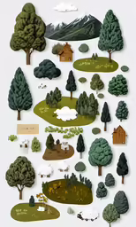 a poster of various kinds of trees and houses
