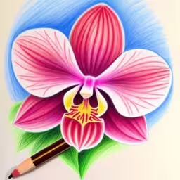 an orchid drawn with colored pencils with a background,a flower with purple petals on it and a color pencil