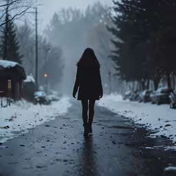 the back view of a woman in black walking down a street