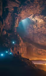 the sun rays shine down onto a rocky cave
