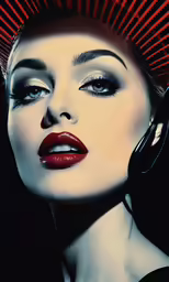 a woman wearing red lipstick and head phones