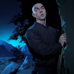 a male in a black shirt and a tree