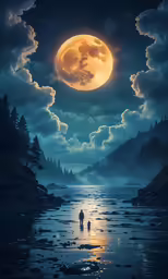 two people standing on a beach next to a yellow full moon