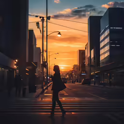 the woman is crossing the street in front of the sun