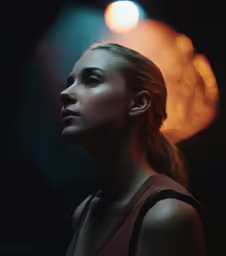 a woman looks back with a bright background in the dark