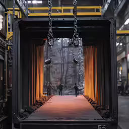 a black furnace with some metal hanging from it