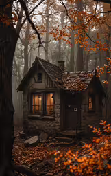 a stone cottage in the woods near fall leaves
