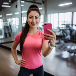 a girl smiling and taking a selfie in a gym,a woman standing in front of a gym holding a cell phone
