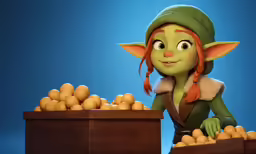 a cartoon figure holding a wooden crate in front of a pile of potatoes