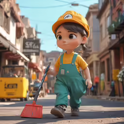 a doll holding a shovel and standing on a sidewalk