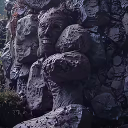 many large rocks are stacked together outside
