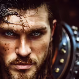 a close up view of a man wearing metal armor
