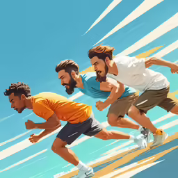two men running in the road with a sky background