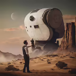 the man is looking at the huge object
