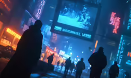 people walking in the middle of a city with neon lights