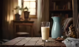an empty glass on a table with some milk