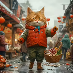a cat dressed up in a raincoat and carrying a basket full of produce