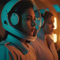 a woman in white clothes wearing headphones