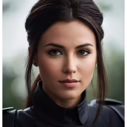 a woman in a black outfit with some long hair