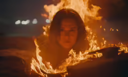 a woman looks intently into the camera at a very hot place