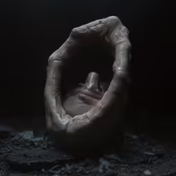 a dark photo of a hand and its face