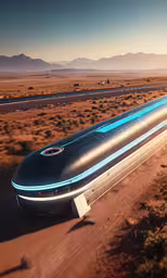 the train is riding along the road in the desert,a large silver and blue train on its own track