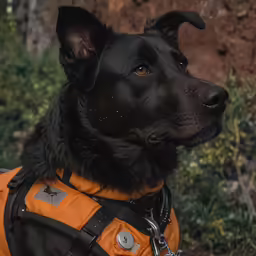 a black dog wearing an orange jacket is standing