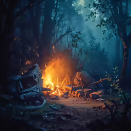an image of a night in the woods with a campfire